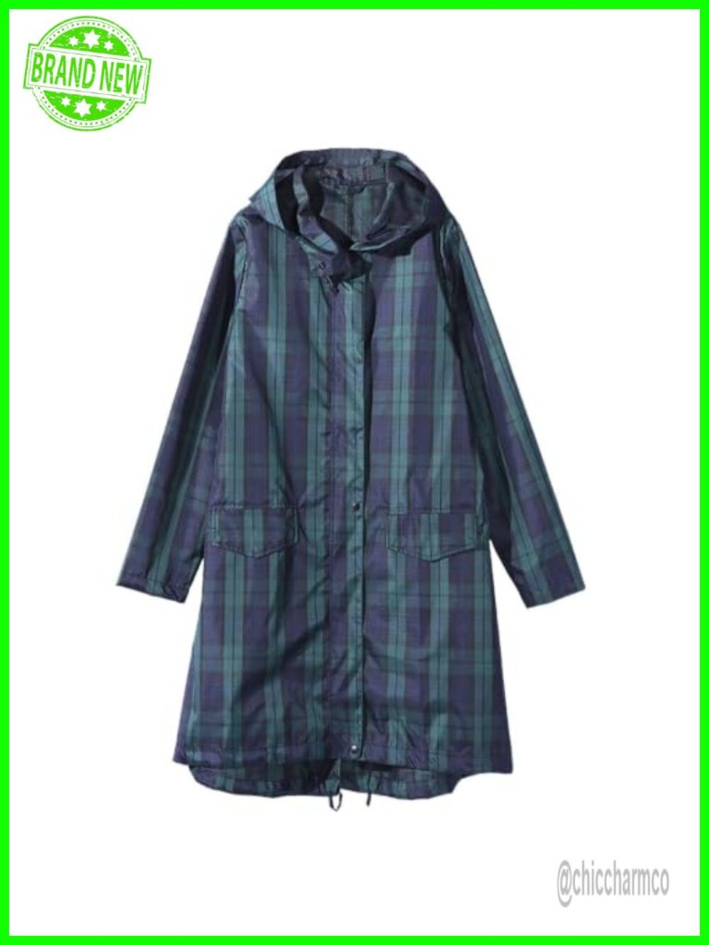 Women Lightweight Plaid Raincoat Adjustable Hood Water-Resistant Windbreaker